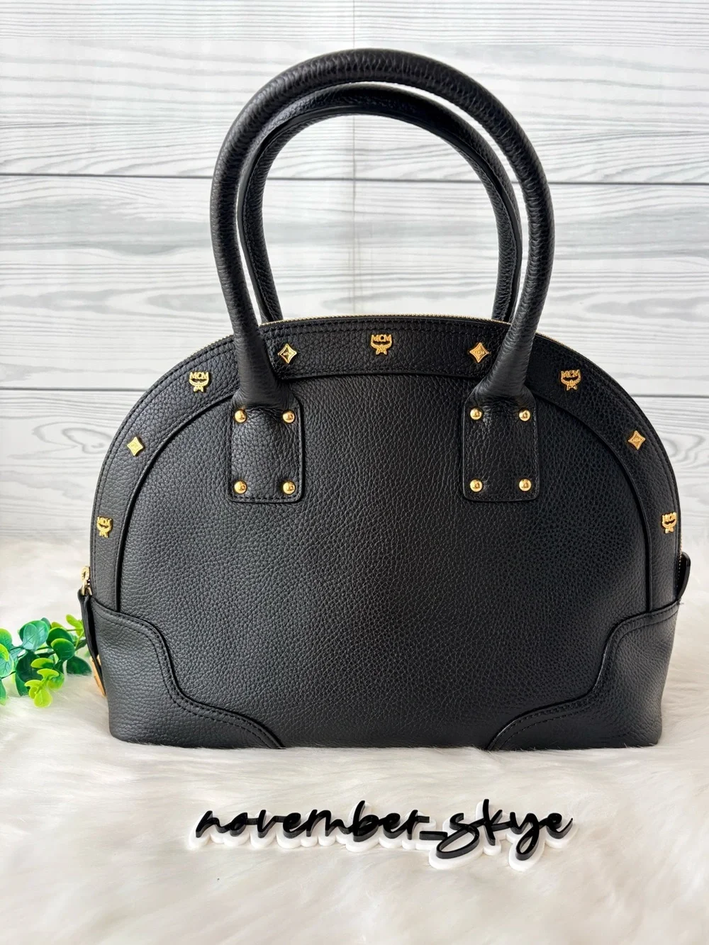 MCM Leather Alma With Twist Lock Zipper & Gold Stud Accents